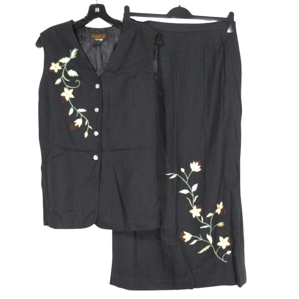 VTG VIRGO II 2Pc Black LINEN BLEND Floral Detail BUTTON-UP Vest Top/Skirt Sz L